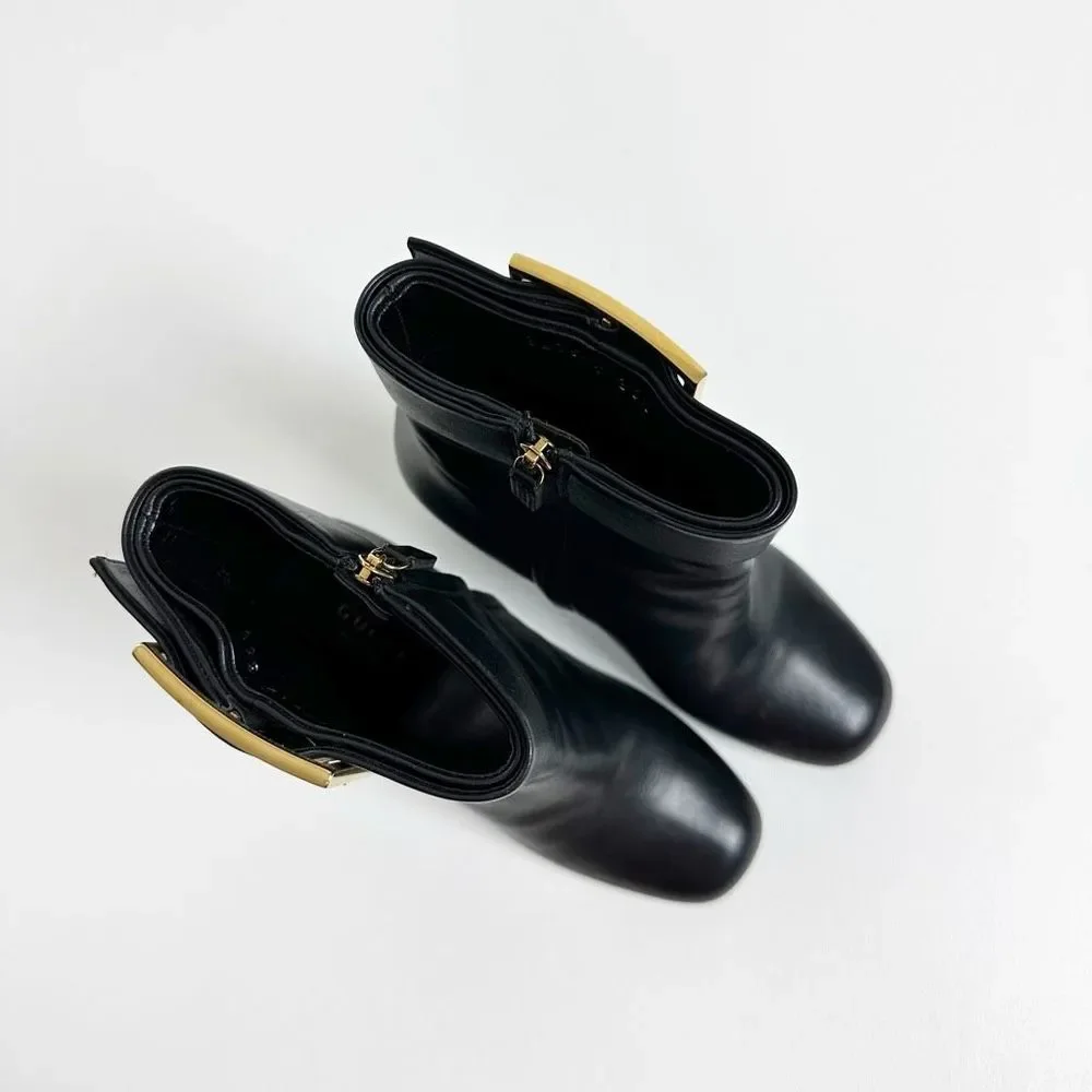 GUCCI Kesha Buckle Ankle Boots 36.5 US 6.5 Black Smooth Leather Heeled Booties - Picture 3 of 13